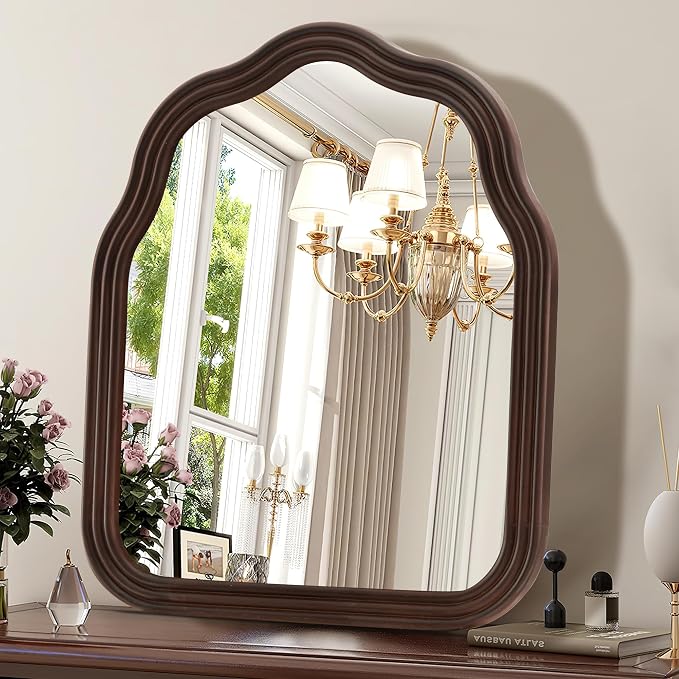 Tanmicoshomy Wood Arch Bathroom Mirror 30x36 Inch, Rustic Wavy Wooden Framed Mirrors with Tempered Glass for Living Room, Bedroom or Entryway (Dark Brown)
