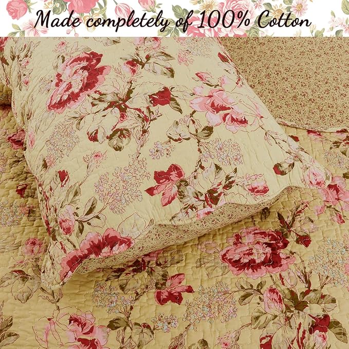 Cozy Line Home Fashions Lelia Pink Rose Blooming Floral Vintage Yellow 100% Cotton Reversible Quilt Bedding Set, Coverlet Bedspread (Rose Vivid, King - 3 Piece)