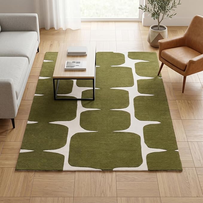 Restoration and Renovation Modern Wool Area Rug - Contemporary Abstract Geometric Design, Thick & Soft Hand-Tufted Carpet - Ideal for Indoor Decor in Living Room, Bedroom (Olive Green, 5' Round)