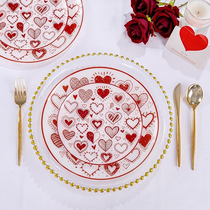 U-QE 20Pcs Red Plastic Plates - Diamond Heart Plates Disposable Heavy Duty, Fancy Love Pattern Perfect for Weddings, Parties, Valentine's Day - 10.25" Dinner Plate & 7.5" Dessert Plate