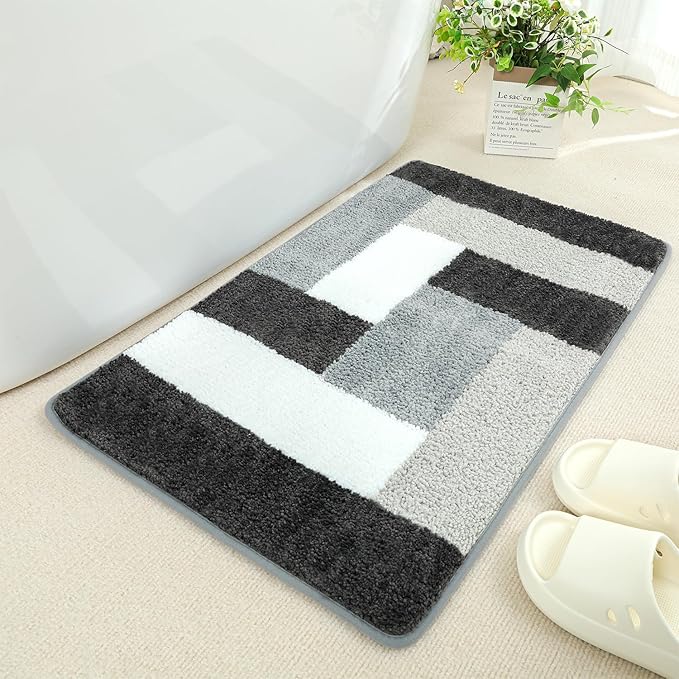 Checkered Bath Mat - Super Absorbent, Soft and Thick, Rubber Backing Non-Slip, Machine Washable Shower Rug, Bath Mat, Bathroom Home Decor Accessories, 16"x24" (40x60cm), Black