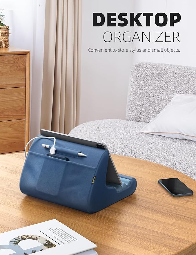 Lamicall Tablet Stand, Pillow Holder for Bed - Soft Pad Lap Mount With Stylus Mount & Pocket for iPad Pro 12.9, Air, Mini, Kindle, Galaxy Tab and 4-13" Tablets, Royal Blue