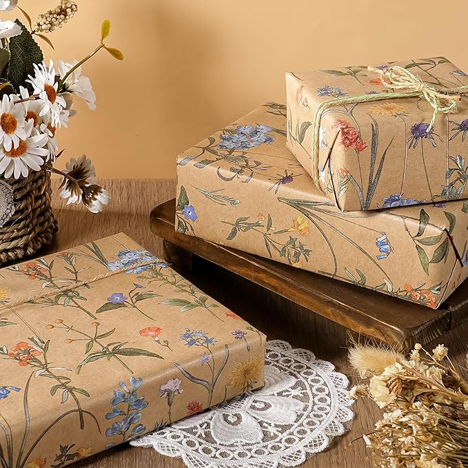 WRAPAHOLIC 30 Inch Kraft Floral Wrapping Paper Roll - 30 Inch x 33 Feet - Wildflower Wrapping Paper Perfect for Girls Women Birthday, Wedding, Bridal Shower