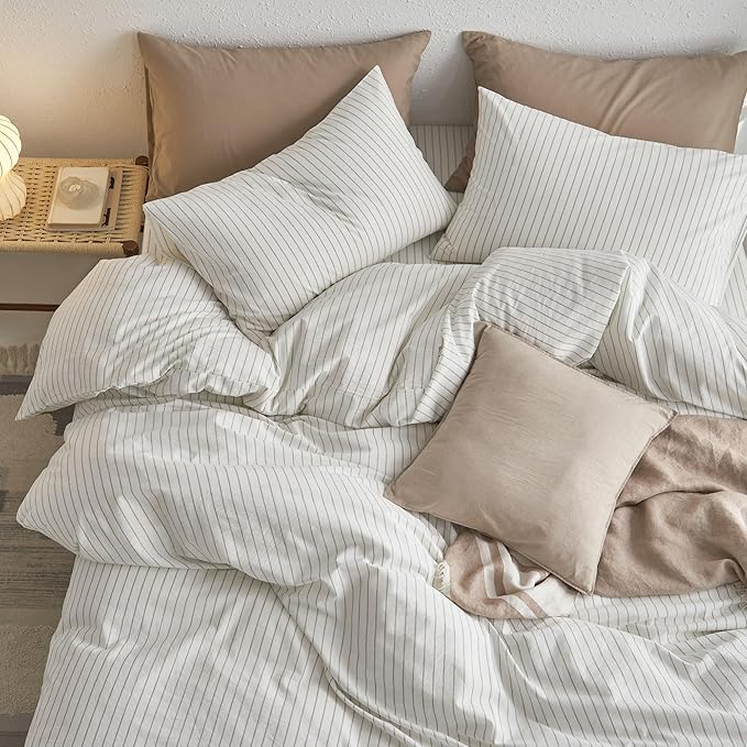 MooMee Striped Duvet Cover Set 100% Washed Cotton Linen Like Textured Breathable Durable Soft Comfy (White Sage Green Wide Stripes, Super Queen 90"x98")