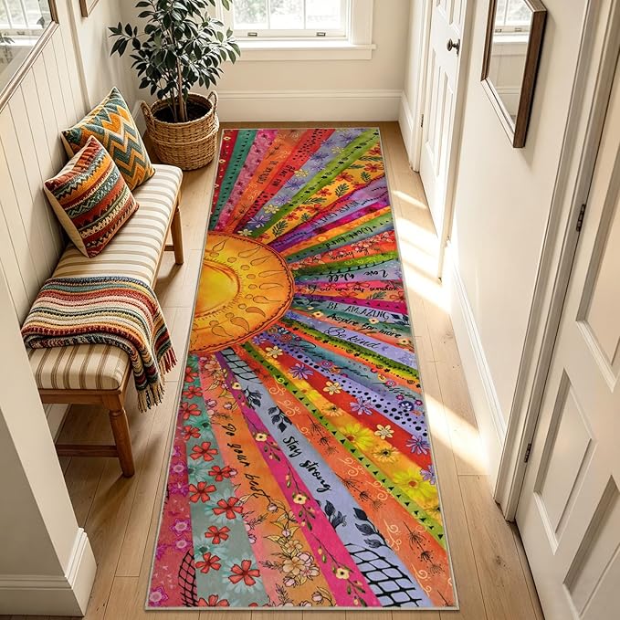 Likiyol Sun Runner Rug Non Slip 2x7'3 Inspirational Kitchen Runner Rug, Soft Faux Wool Runners for Hallways, Low Pile Washable Rug for Kitchen, Bedroom, Laundry Room