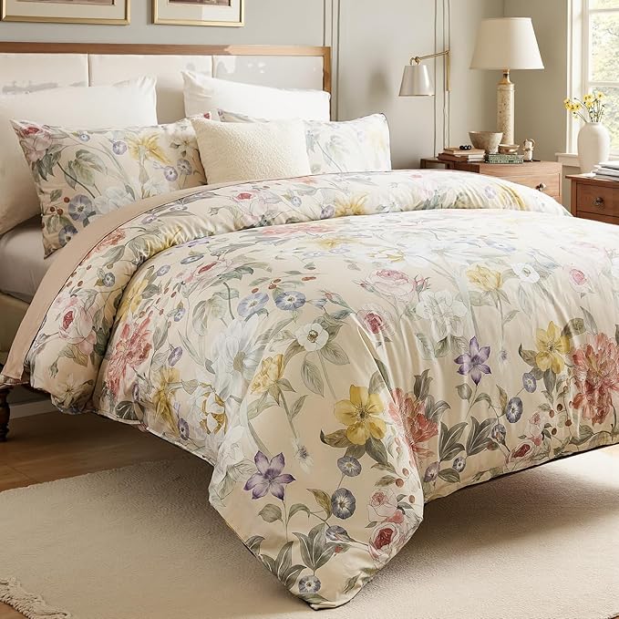100% Cotton Duvet Cover Queen Size – Blooming Garden Duvet Cover Set with Zipper Closure & Corner Ties, 3-Piece Silky Soft & Breathable Pastel Floral Bedding Set for All Seasons