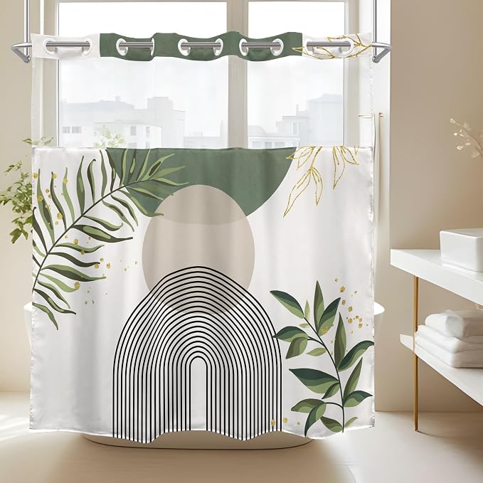 Sage Green Boho No Hooks Shower Curtain with Snap in Liner 72Wx72H Modern Mid Century Abstract Gold Leaves Minimalist Geometric Bathroom Decor Neutral Aesthetic Bath Curtain Fabric Polyester
