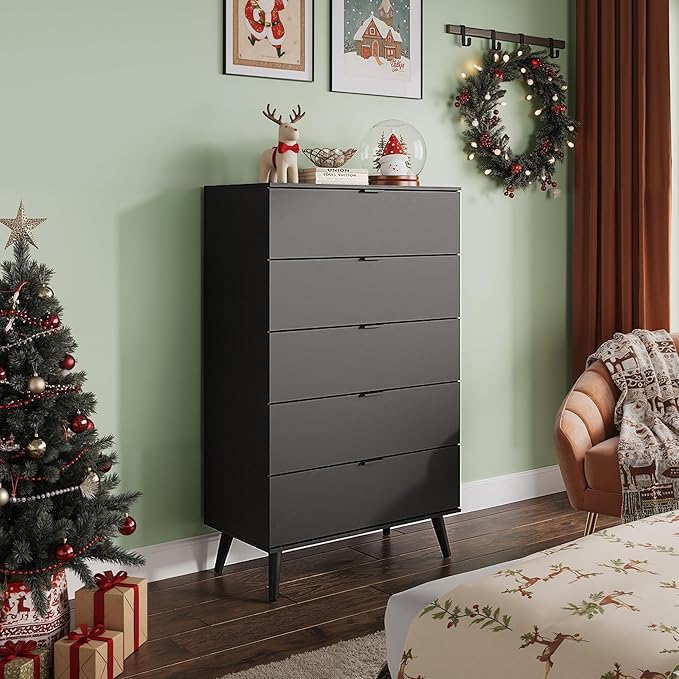 WLIVE 5 Drawer Dresser for Bedroom, Tall Wooden Dresser, Black Dressers Storage Organizer with Sturdy Metal Handle, Chest of Drawers for Living Room, Hallway, Closet
