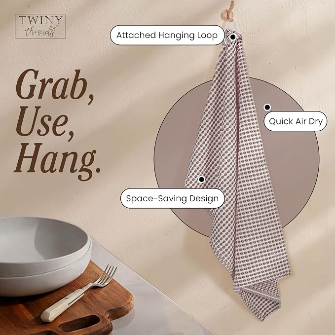 TWINY threads 4 Pack Honeycomb Circle Waffle Dish Towels 16x26 Inches, 100% Cotton, Durable, Thick, Waffle Weave Tea Towels, Great for Handling Hot Pots, Heavy Cleaning, Brown