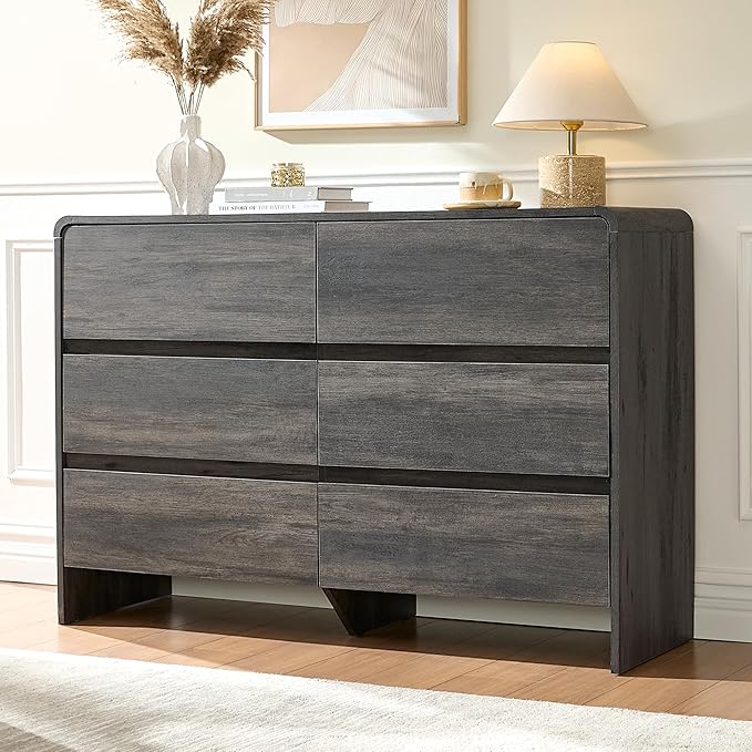 AMERLIFE 6 Drawer Dresser for Bedroom, 49" Wide Modern Chest of Storage Drawers with Rounded Corners, Anti-Tip Kit, Wood Cabinet Organizer for Closet, Living Room, Nursery, Easy Assembly, Black