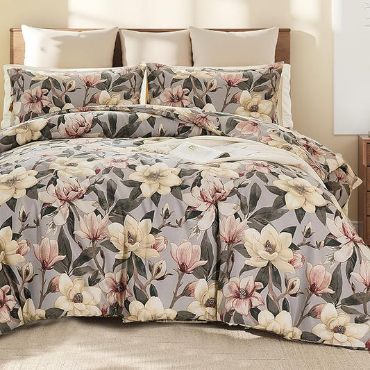 Bedding_Dreamer Floral Comforter Set King, 100% Cotton, Elegant Flowers Botanical Bedding Set Colorful Watercolor Cute Flower and Leaves Shabby Chic Cottage, 3 Pcs