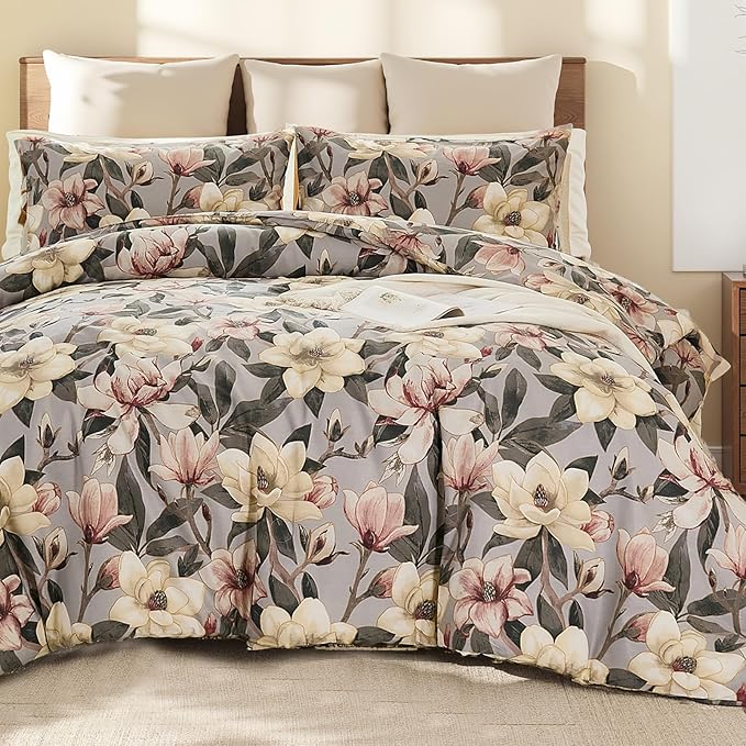Bedding_Dreamer Floral Comforter Set Queen, 100% Cotton, Elegant Flowers Botanical Bedding Set Colorful Watercolor Cute Flower and Leaves Shabby Chic Cottage, 4 Pcs