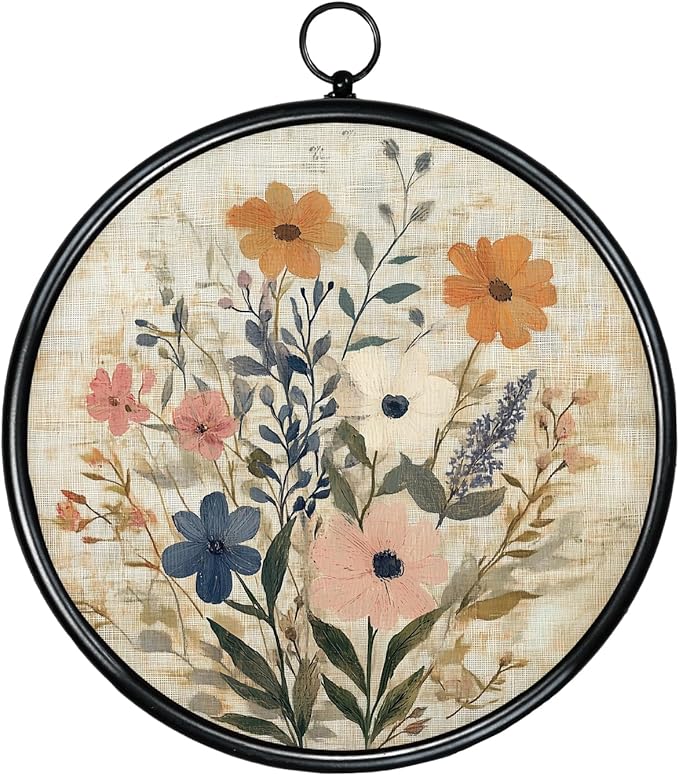 XIAOAIKA Round Vintage Wall Hanging Decor, Printed Textured Surface with Wood Back, Wildflower Design, Black Metal Frame, Ready to Hang for Living Room Bedroom, 10 Inch