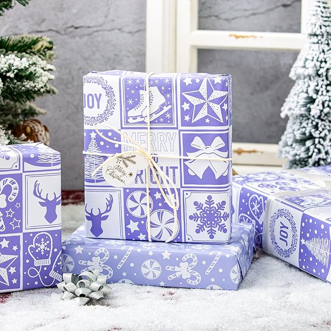 MAYPLUSS Christmas Wrapping Paper Roll, Light Purple Wrapping Paper, Girly Bell, Tree, Candy Canes Christmas Themed Wrapping Paper for Girl Holiday Gift Packaging (17 Inch X 16.5 Feet)