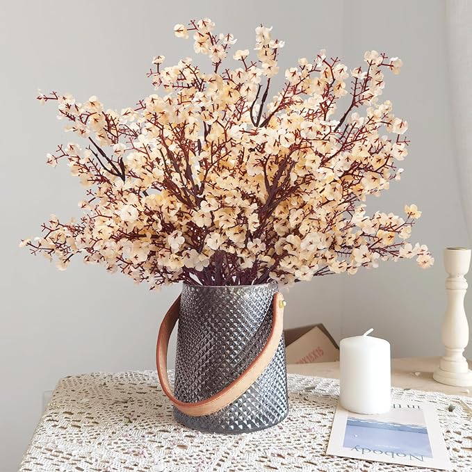 Yastouay 5 Pcs Fake Flowers Artificial Flowers, Real Touch Silk Flowers Faux Artificial Flowers for Decorations, Champagne Babys Breath Artificial Flowers Bulk for Spring Decor Floral Arrangement