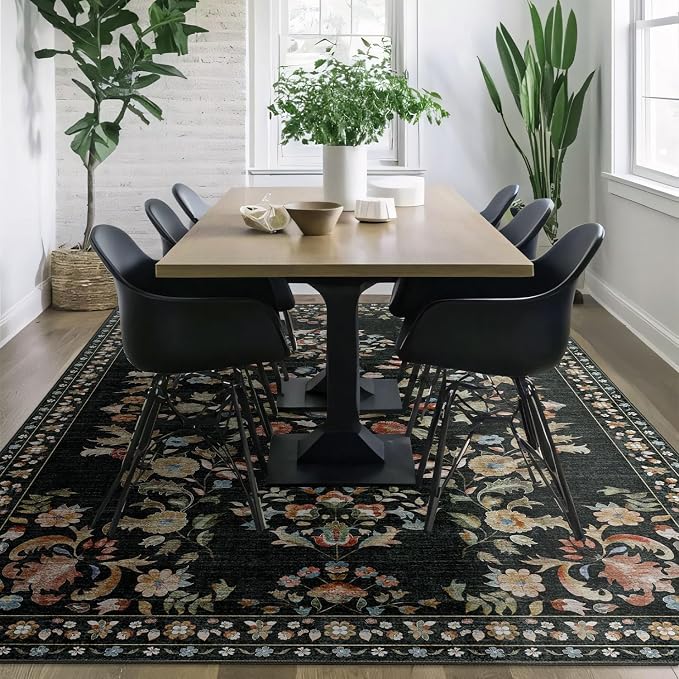 MUJOO 8x10 Area Rugs Washable,Large Floral Rugs for Living Room Bedroom Dining Room,Boho Indoor Floor Rug Non Slip Throw Carpet Low Pile Vintage Black
