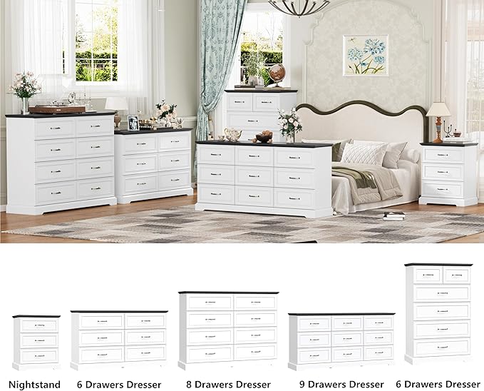 9 Drawer Dresser for Bedroom, 63" Wide Wooden Chest of Drawers, Rustic Farmhouse Dresser with Large Drawers & Metal Handles, Modern Storage Organizer for Closet, Living Room, Hallway, White