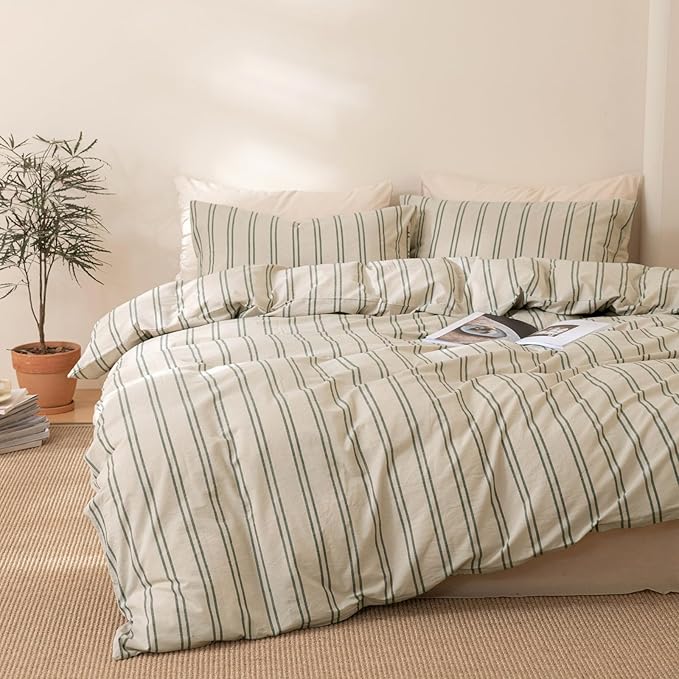 VM VOUGEMARKET Green Stripes Comforter Set King Modern Simple Bedding Comforter with 2 Pillowcases Farmhouse Style Lightweight Cotton Comforter Set for Adults