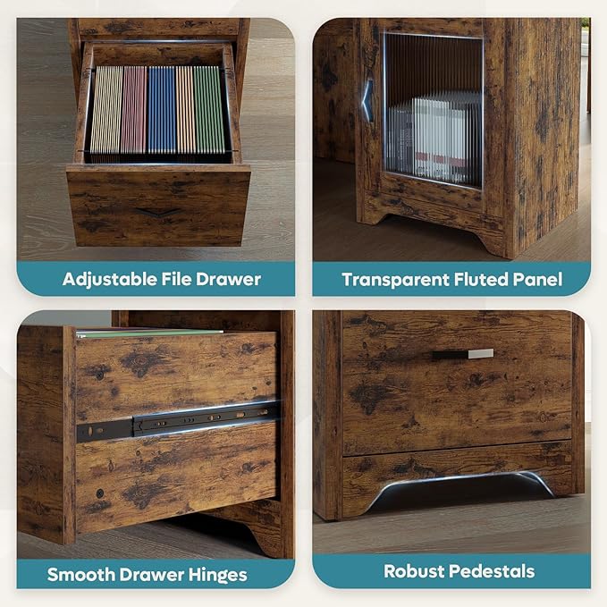 Bestier Farmhouse L Shaped Desk with Drawers, 63" x 47" Office Computer Desk with Charging Station & Fluted Storage Cabinet, Corner Desk with File Drawers, Modesty Panel for Home Office, Rustic Brown