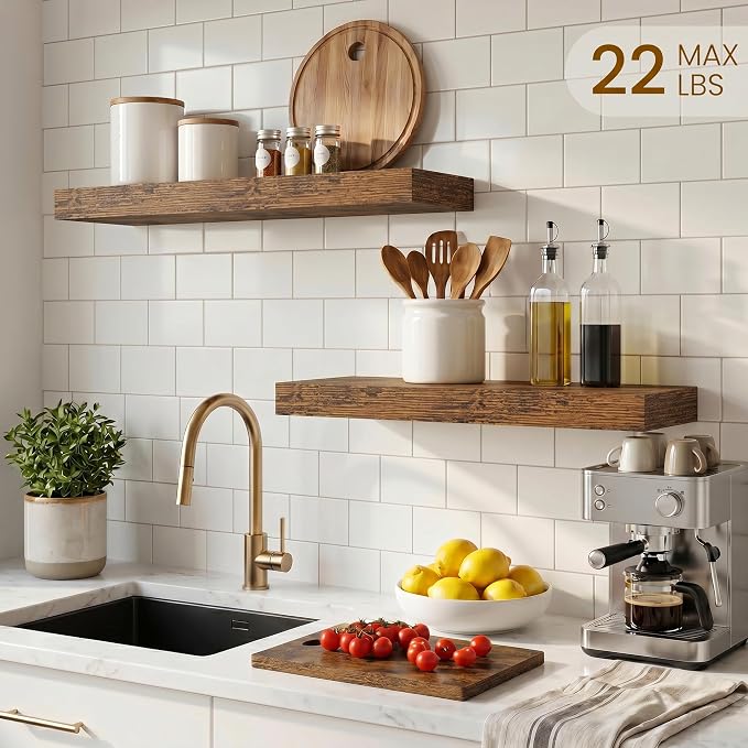 Dreamland 18" Floating Shelves, Rustic Wooden Black Wall Shelves for Bathroom|Bedroom|Kitchen, Deep Wall Mounted Book Shelf, Wood Storage Display Shelf for Home Decor, Set of 2