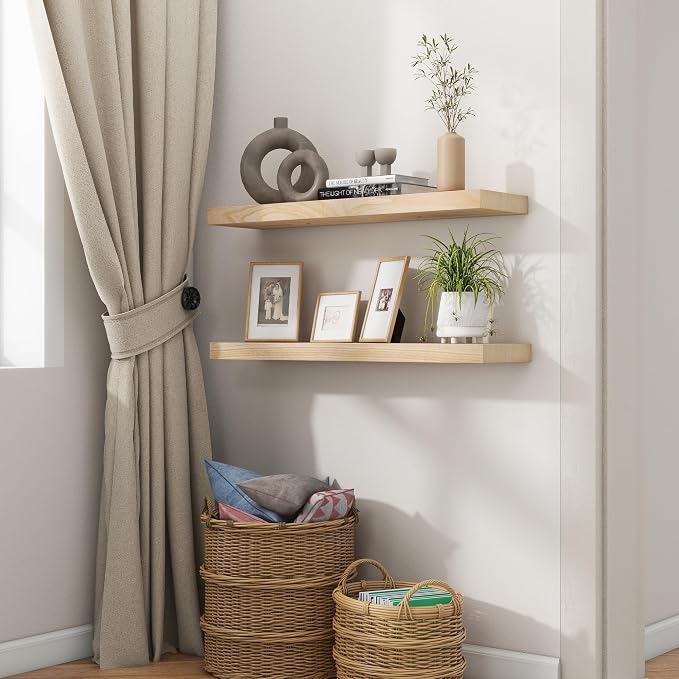 fuqing 30 Inch Floating Shelves | Natural Wood Wall Shelves Set of 2 | 30" W x 6.7" D Natural Wooden Floating Shelves for Living Room Bedroom Home Office