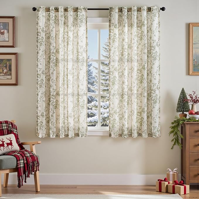 jinachan Linen Blend Floral Curtains for Living Room 63 Inch Length Christmas Sage Green Printed Curtain Rod Pocket Back Tab Farmhouse Peony Flower Patterned Drapes Bedroom Curtains Set 2 Panels