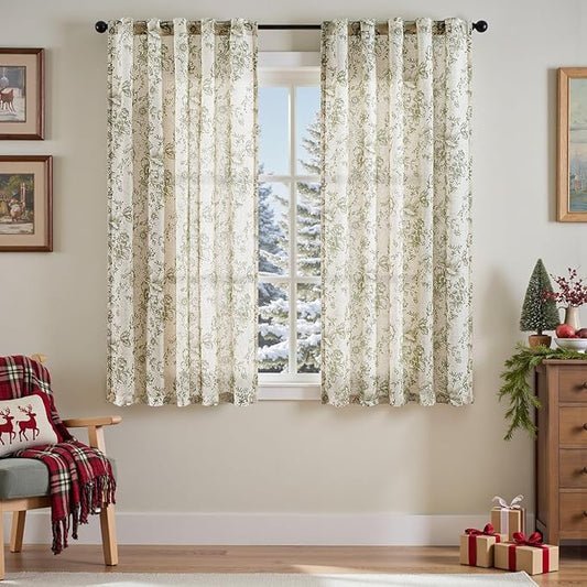 jinachan Linen Blend Floral Curtains for Living Room 63 Inch Length Christmas Sage Green Printed Curtain Rod Pocket Back Tab Farmhouse Peony Flower Patterned Drapes Bedroom Curtains Set 2 Panels