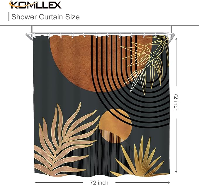 KOMLLEX Mid Century Brown Black Boho Shower Curtain 72Wx72L Inches Abstract Modern Shower Curtain for Bathroom Decor Plant Botanical Minimalist Arch Sun Fabric Liner Waterproof Polyester 12 Pack Hooks