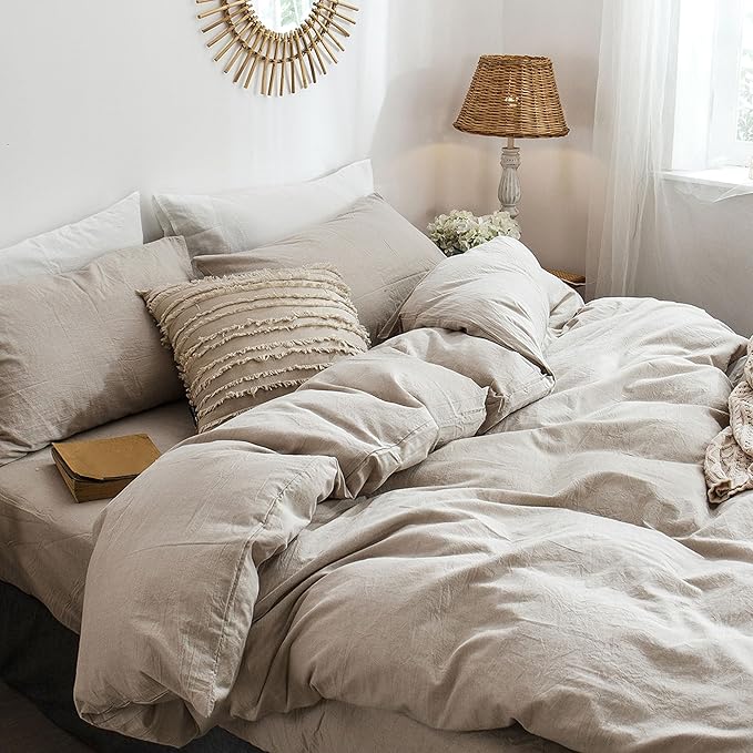 MooMee Bedding Duvet Cover Set 100% Washed Cotton Linen Like Textured Breathable Durable Soft Comfy (Heathered Tannish Linen Grey, Alaska King 132"x120")