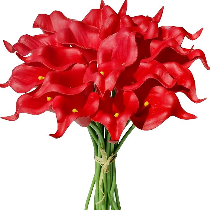 Mandy's PU Red Calla Lily Artificial Flowers 20 Stems 13.5in Faux Realistic Centerpiece for Thanksgiving and Christmas Decorations DIY Bridal Bouquet Home Décor