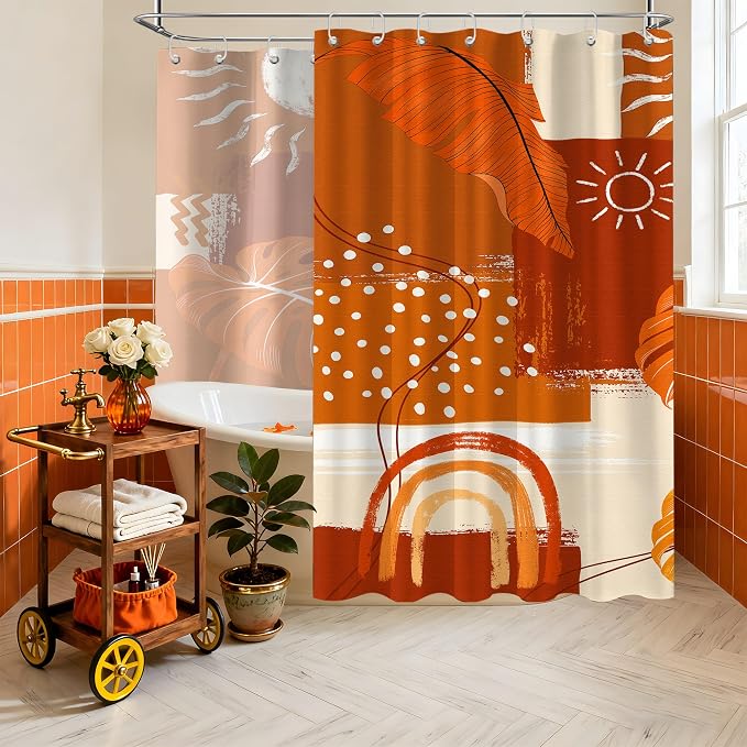 Extra Long Shower Curtain Extra Tall Burnt Orange XL Abstract Tropical Leaf Shower Curtains for Large Bathroom Decor Sets, Waterproof Cloth Fabric with Hooks, 108x72 Inch