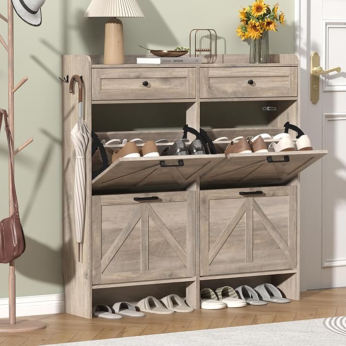 Thacuok Shoe Cabinet with 4 Flip Drawers & 2 Storage Drawers, Rustic Farmhouse Narrow Shoe Organizer Cabinet, Slim Shoe Rack Cabinet, Shoe Storage Cabinet for Entryway, Hallway, Front Door