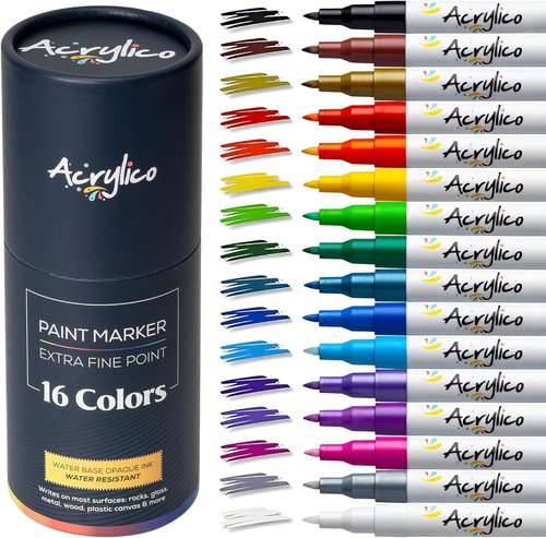 Skiennix Acrylic Paint Markers Set - 16 Fine Tip Pens for Fabric, Rock, Metal & Ceramic Art Projects