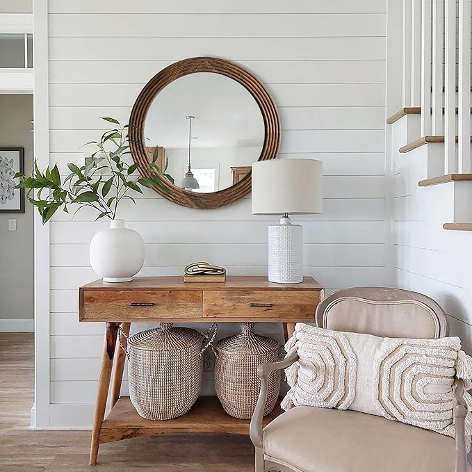 LOSOUR Round Mirror, Farmhouse Decor Solid Wood Frame Wall Circle Mirror, Decorative Mirrors for Bathroom Over Sink, Living Room, Entryway,Bedroom, Entryway, Hallway,Foyer (1, Coffee, 24" L x 24" W)
