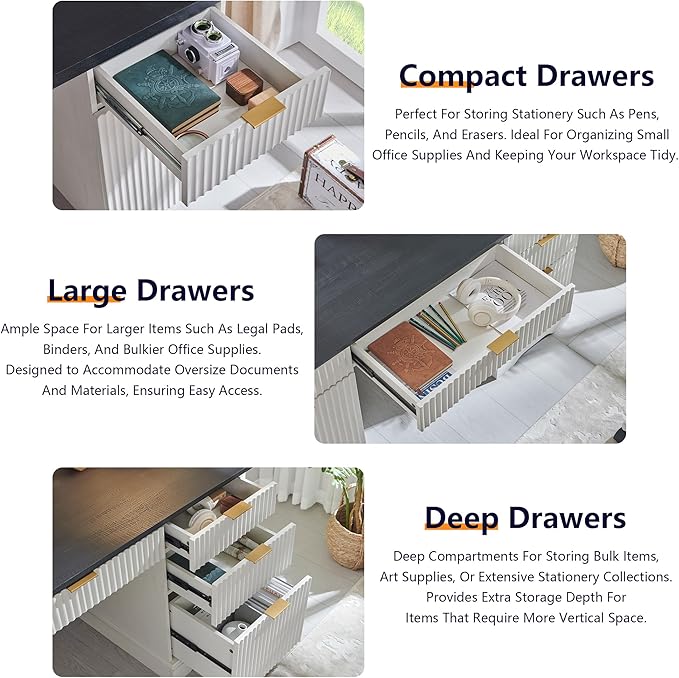 JXQTLINGMU 58" Modern Executive Desk with Storage, Wood Home Office Desk with 5 Drawers & 1 Cabinet, Fluted Computer Writing Desk for Study, Living Room, Bedroom, Antique White