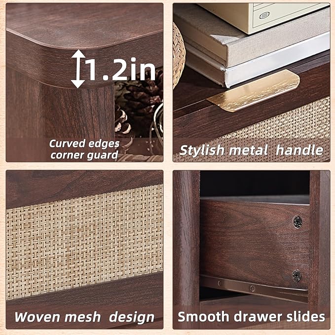 LEYAOYAO Rattan Nightstands with Charger Station, 23" Wide Boho Night Stand with 2 Drawers, Bedside Table Open Shlef, Bed Side End Table Dresser for Bedroom, Living Room Hallway, Walnut