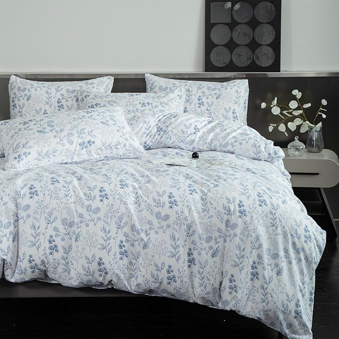 King Size Floral Comforter Set 3 Pieces Soft Chic Garden Style Blue Print Lightweight Botanical Flower Comforter Set for All Seasons 1 Comforter and 2 Pillowcases