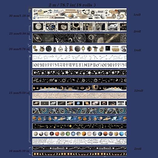 Auguro 18 Rolls Celestial Washi Tape Set Galaxy washi Tape for Crafts and Journaling DIY washi Tape for journaling Decorative Tape for Scrapbook Scrapbooking Supplies