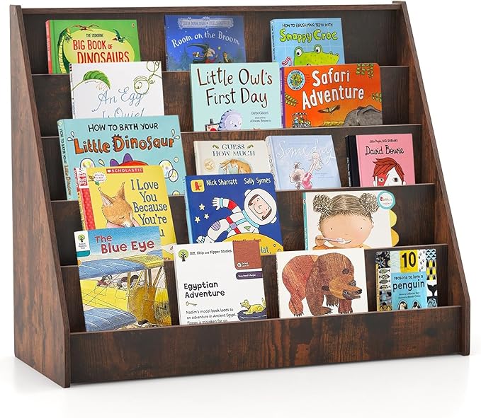 HONEY JOY Kids Bookshelf, 5-Tier Wooden Toddler Bookcase, Children Book Rack & Magazine Display Shelf, Toy Storage Organizer, Book Shelf for Kids Rooms, Playroom, Nursery, Classroom (Rustic Brown)