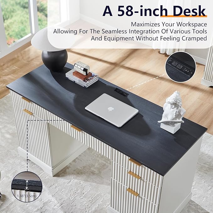 JXQTLINGMU 58" Modern Executive Desk with Storage, Wood Home Office Desk with 5 Drawers & 1 Cabinet, Fluted Computer Writing Desk for Study, Living Room, Bedroom, Antique White