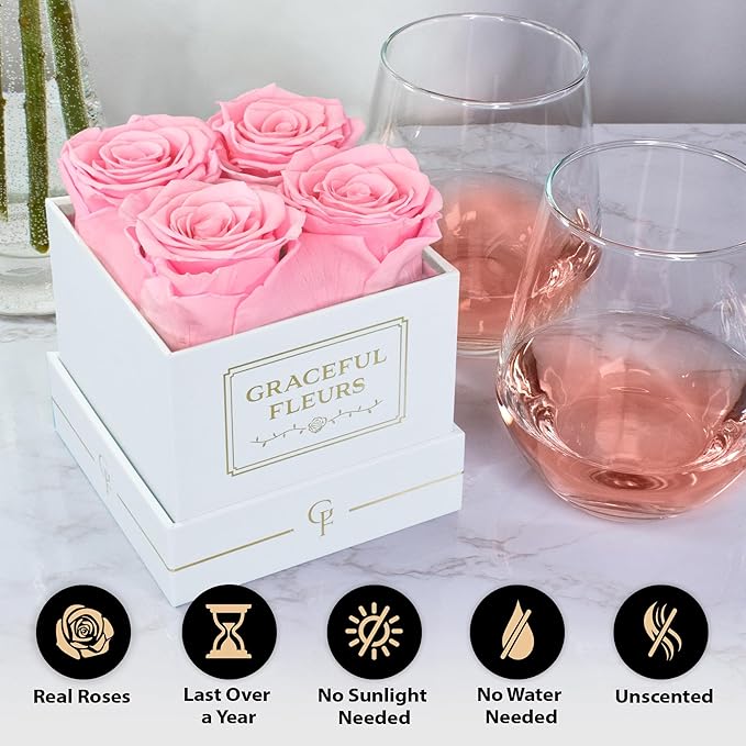 Graceful Fleurs | Real Long Lasting Roses for Years | Preserved Fresh Flowers for Delivery Birthday | Birthday Gifts for Women | Forever Roses in a Box (Pink, White Box, 4 Roses)