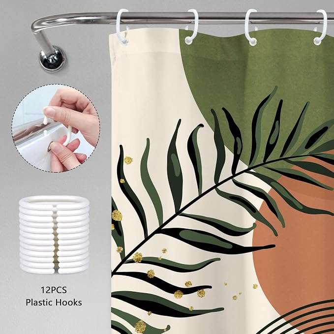Green Boho Shower Curtain 60Wx72H Abstract Bohemian Modern Leaves Mid Century Minimalist Contemporary Plant Bathroom Decor Simple Neutral Bath Curtain Fabric Polyester 12 Pack Hooks