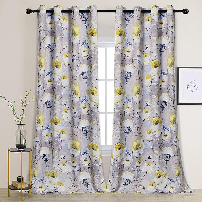 MYSKY HOME Floral Blackout Curtains for Living Room Darkening Thermal Insulated Curtain Vintage Floral Printed, 2 Panels, 52W x 95L Inch, Grey & Yellow