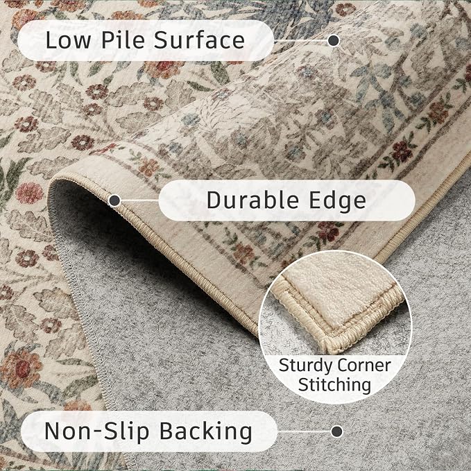 DCX Beige Area Rugs 9x12, Machine Washable Non Slip Stain Resistant Soft Vintage Floral Rug, for Living Room, Bedroom, Playroom, Soft Low Pile Large Carpet