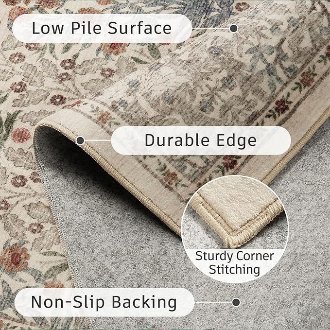 DCX Beige 6x9 Area Rug, Machine Washable Non Slip Stain Resistant Soft Vintage Floral Rug, for Living Room, Bedroom, Dining Room, Soft Low Pile Large Carpet
