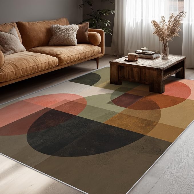 Mid Century Modern Rugs for Home Decor, 4x5 ft, Abstract Geometric Area Rugs for Living Room, Soft Non Slip Washable Retro Geo Circles MCM Carpet Bedroom Decorations D-1g
