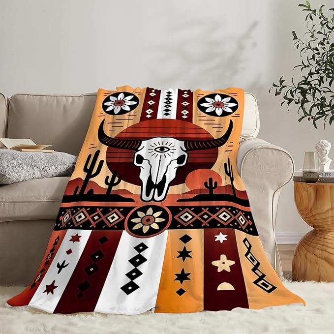 Western Boho Bull Skull Blanket Southwest Aztec Tribal Southwestern Navajo Throw Blanket Soft Cozy Fleece Fuzzy Stuffed Plush Flannel Gifts for Girls Women Boys Kids Adults 50''x60''