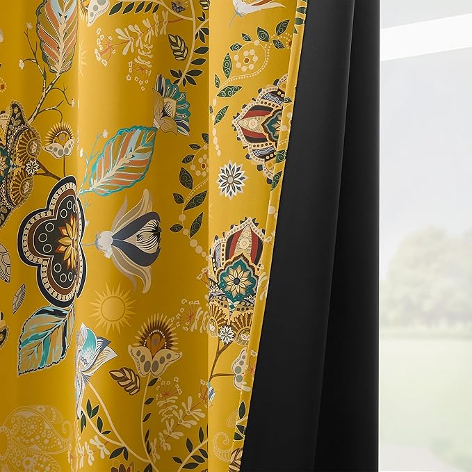 Mustard Yellow Vintage Floral Blackout Curtains & Drapes 90 Inches Long for Living Room Bedroom 2 Panels Boho Colorful Botanical Flower Leaf Printed Curtains Luxury Room Darkening Grommet Top 52x90
