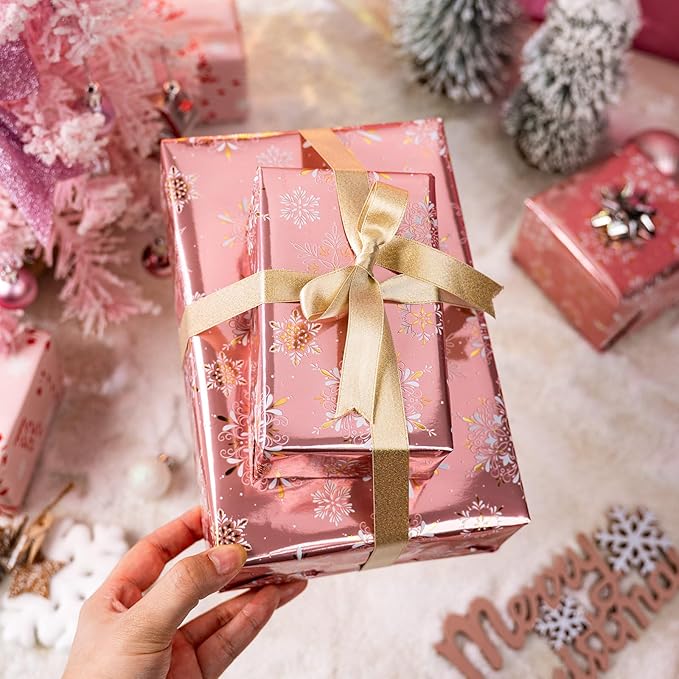 MAYPLUSS Pink Christmas Wrapping Paper Roll - 17IN X 33FT - Gift Wrapping Paper Featuring Gold and White Snowflake Reversible Candy Cane for Kids, Holiday, New Year