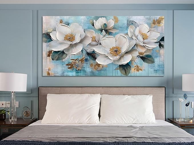 Ardemy Flower Wall Art for Living Room White Floral Canvas Art Wall Decor, Magnolia Teal Picture Textured Large Painting Turquoise Artwork Bedroom Dining Room Kitchen Home Office 48"x24"